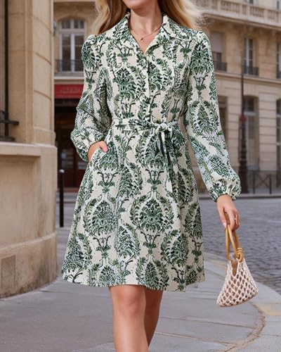 Image of Women Long Sleeve Spring Button Down A-Line Floral Print Summer Cocktail Shirt Dresses with Belt