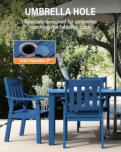 Image of YEFU HIPS Patio Table Set: 5 Piece Outdoor Table and Chairs Dining Furniture Set with Umbrella Hole - Blue Modern Plastic Dining Sets 4 Person for Outside Deck with Metal Aluminum Frame