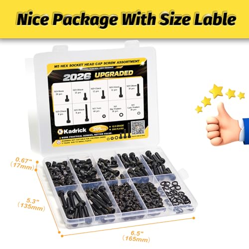 Image of Kadrick M5 Screws Kit 205PCS, Socket Head Cap M5 Screw Assortment with Lock Washers for Secure Fastening, Class 12.9 Alloy Steel, Black Zinc Plated M5 Bolts for Mechanical, Automotive & Heavy-Duty Use
