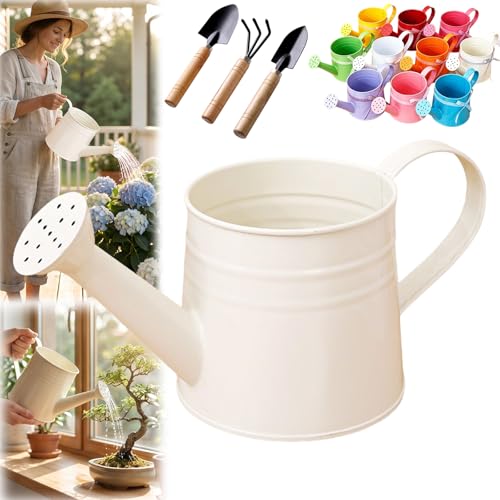 White Watering Can Metal 1L Vintage Galvanized Sprinkler Can Rustproof & Leak-Resistant Ideal for Indoor & Outdoor Plants Lawn Garden Durable Gardening Tool for Home & Office (White1)