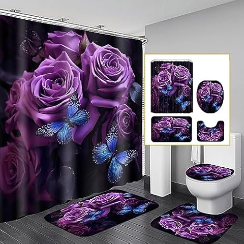 XVWJ Purple Rose Butterfly Bathroom Shower Curtain Sets, Ellegent Flower Bathroom Sets with Shower Curtain, Toilet Lid Cover and Bath Mat, Romantic Floral Shower Curtains with Hooks Cover