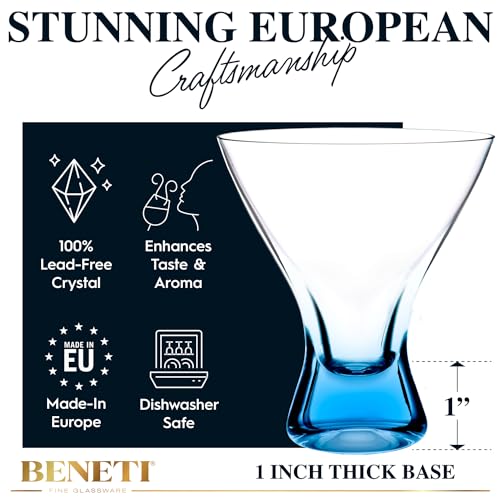 BENETI European Made Colored Martini Glasses Set of 6 Stemless Cocktail Glasses - 8 Oz, Dishwasher Safe, Crystal Glass Cups for Partys