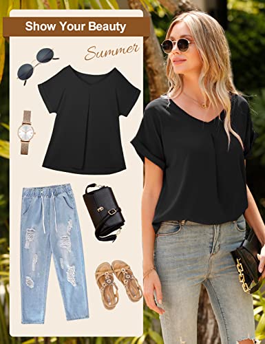 Yuson Girl Camisas Mujer Manga Corta Blusas Mujer Verano con Cuello en V Blusa de Gasa Elegante Blusa Señoras Verano Sexy Tops Informal Camisetas para Mujeres Chicas Adolescentes(Negro, S)