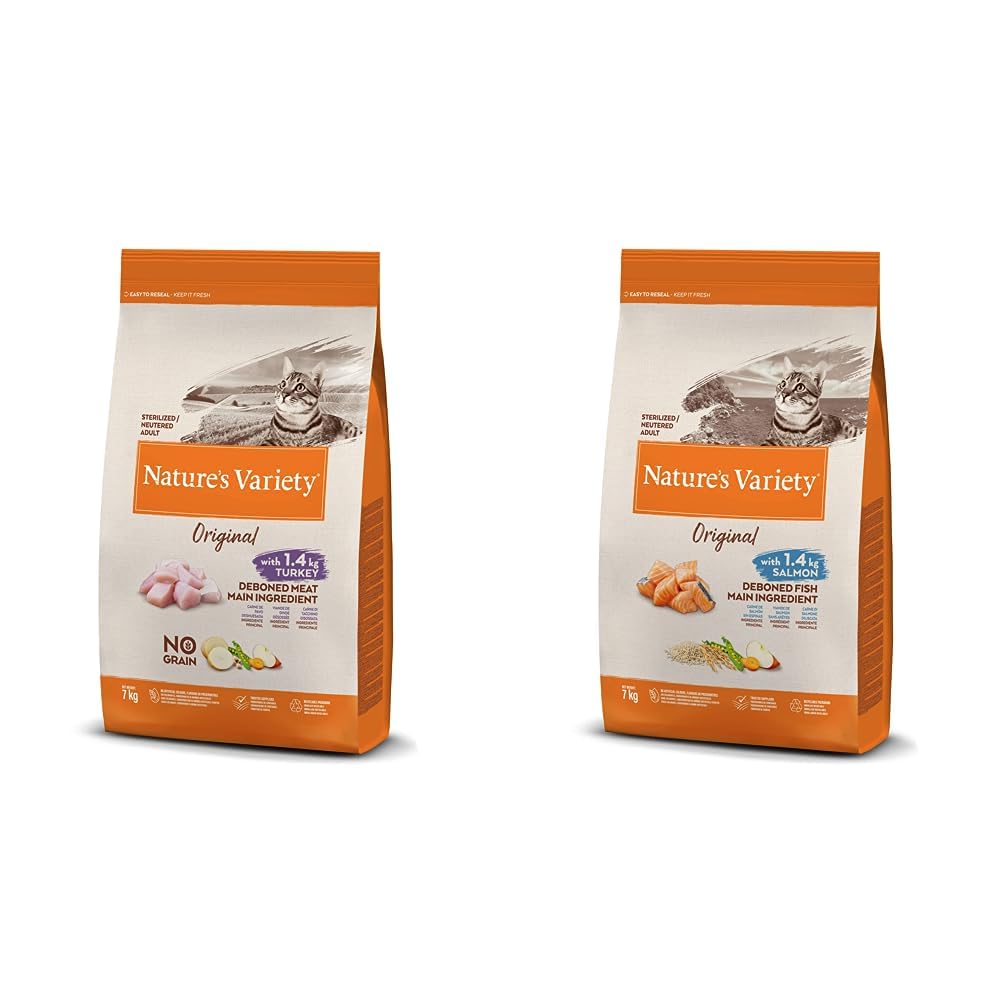 Nature's Variety Original No Grain, Pienso para Gatos Adultos Esterilizados, Sin Cereales, con Pavo Deshuesado, 7kg & Original, Pienso para Gatos Adultos Esterilizados con Salmón sin Espinas, 7kg