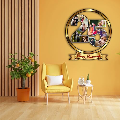 Image of Shri Kant Art 25th Anniversary Golden Photo Frame | Couple Photo Collage Frame | Romantic Wedding Anniversary | Decorative Wall Art