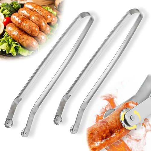 Hysenm Lot de 2 pinces à saucisses BBQ pour griller et retourner, 2024 Nouvelles pinces de cuisine BBQ en acier inoxydable à long manche, pinces de cuisson à long...