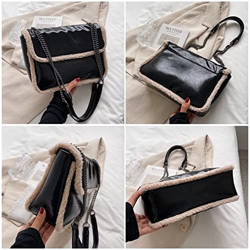 Mudono Shoulder Bag for Women Soft Glossy Crossbody Bag Square Purse Handbag with Faux Shearling Trim and Chain Strap2