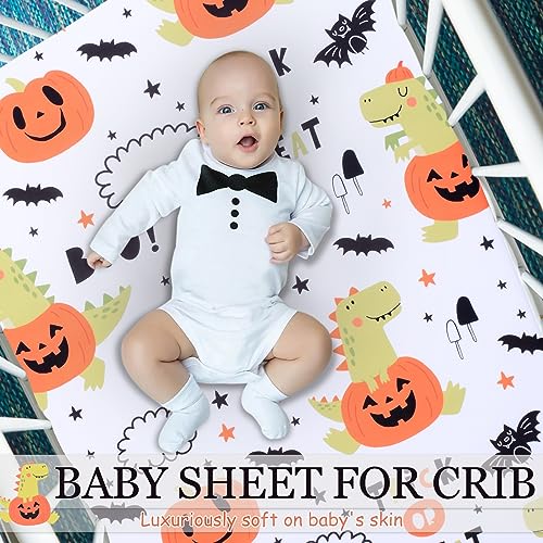 Image of Cloele Halloween Fitted Crib Sheet for Boys Girls,Pumpkin Dinosaur,52x28in | Baby Nursery Sheet,Cozy Bed Sheet,Standard Crib and Toddler Mattresses,Bats Crib Mattress Infant Toddler Sheet