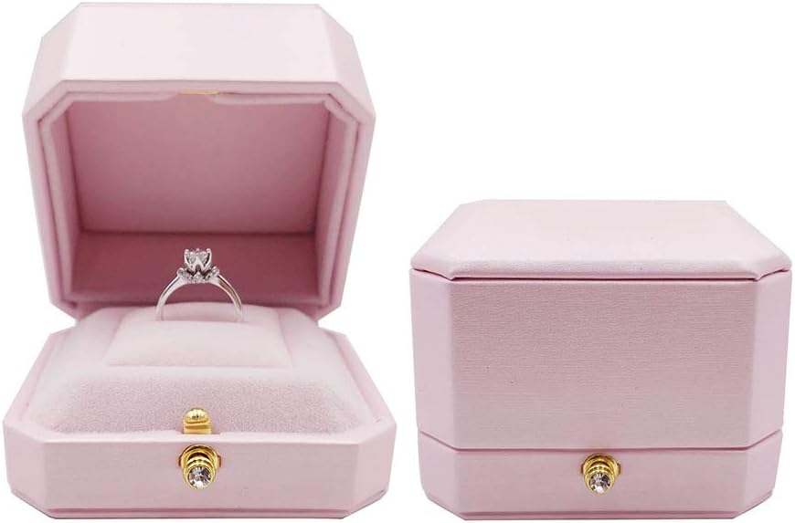 Pink Proposal Ring Box - Premium 8 Corner Design PU Leather Cover Soft Velvet Holder Wedding Ring Gift Box, Bling Press Button 3D Showcase Ring Storage Organizer Elegant Case (Single)