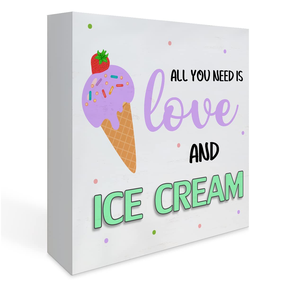 Rustic All You Need is Love and Ice Cream Wood Box Sign, Farmhouse Ice Cream Artwork Decor, Ice Cream Lover Wood Square Sign Desk Block Signs Summer Home Shelf Decoration 5 x 5 Inches