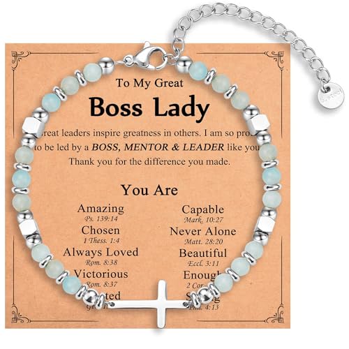 Boss Day Gifts for Women, Religious Cross Beaded Bracelet Jewelry with Card