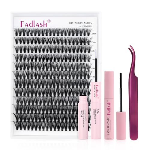 FADLASH DIY Lash Extension Kit Individual Lashes Clusters Lash Bond and Seal, Clusters Lash Glue Remover and Eyelash Tweezers for Eyelash Extensions (40D-0.07D, 12-18mm, Kit)