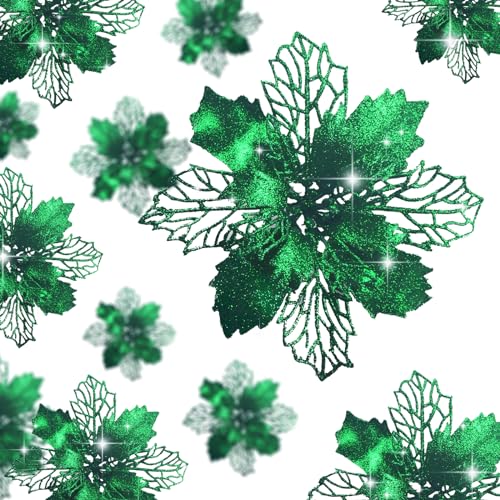 Wironlst 16 Pcs Glitter Poinsettia Flowers Artificial - Christmas Gold Poinsettia Decorations Tree...