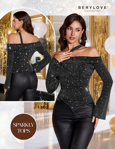 BeryLove Women Sparkly Top Off Shoulder Fitted Shirt Asymmetrical Rhinestone Party Blouse2