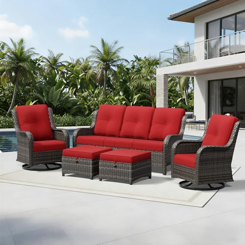 Image of Joyside 5 Piece Wicker Patio Furniture Set, Outdoor Swivel Rocker Patio Chairs with High Back, Deep Seating, Wide Armrest, Thickened Cushions, Outdoor Furniture for Deck, Porch Use