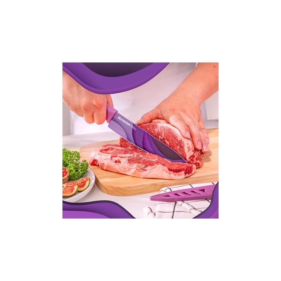 Astercook Fantasy Space Pattern Knife Set with Cover, Dishwasher Safe Colorful Knives with 6 Knife Sheath, German Stainless Steel Rainbow Knife Set