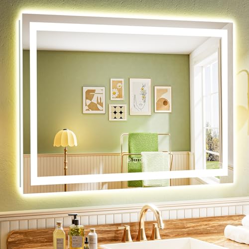 Image of 50x36 Inch LED Bathroom Mirror with Lights Front and Backlit Lighted Vanity Mirror for Bathroom Wall with 3 Colors Dimmable Anti-Fog Memory Shatter-Proof IP54 Waterproof Horizontal /Vertical