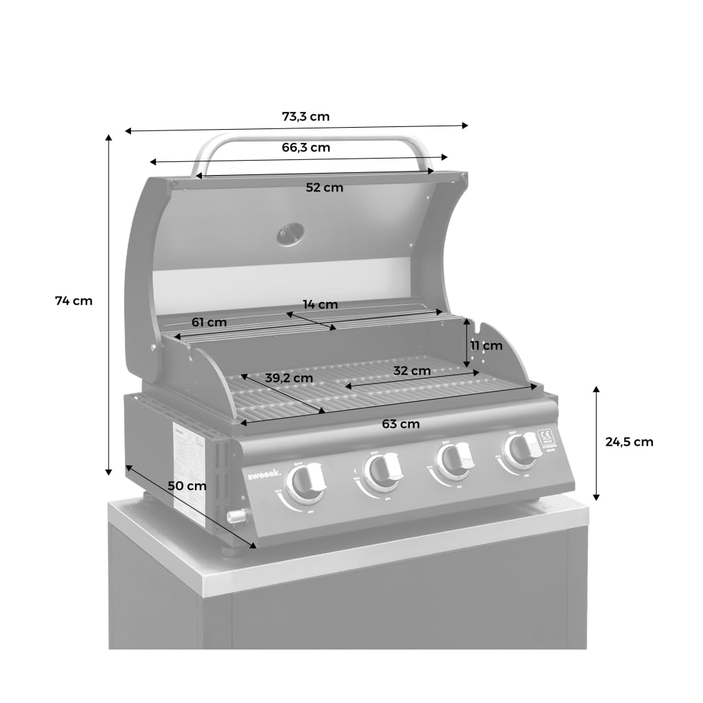 sweeek-Parrilla de gas empotrable de 4 quemadores Plata - 73x51.5x47.5 cm | Grimaud