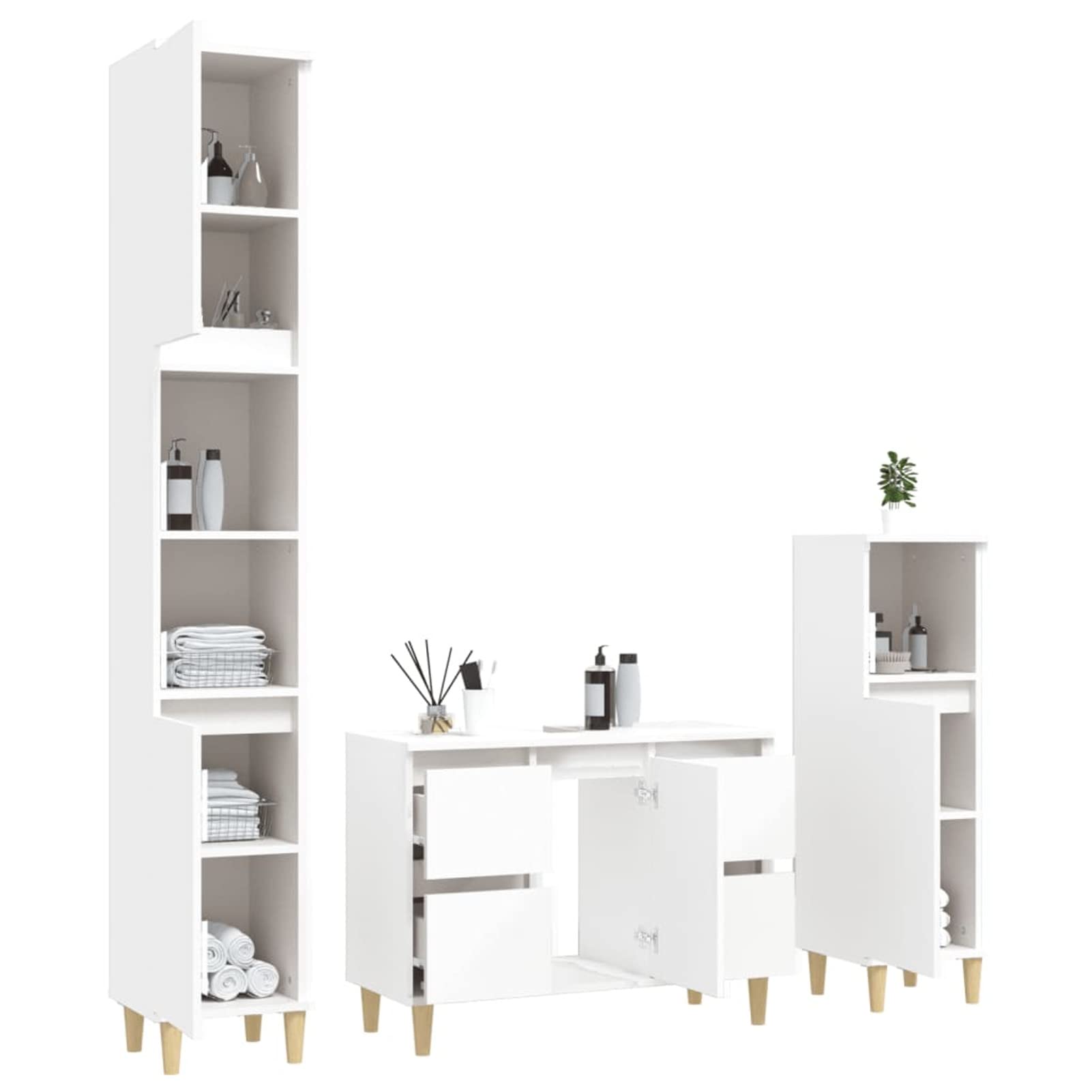 Gecheer Set Mobili da Bagno 3 Pezzi, Mobile Lavabo 80 cm con Armadietto Alto 190 cm e Armadietto Basso 100 cm in Legno Multistrato ed Eucalipto Bianco, per Bagno