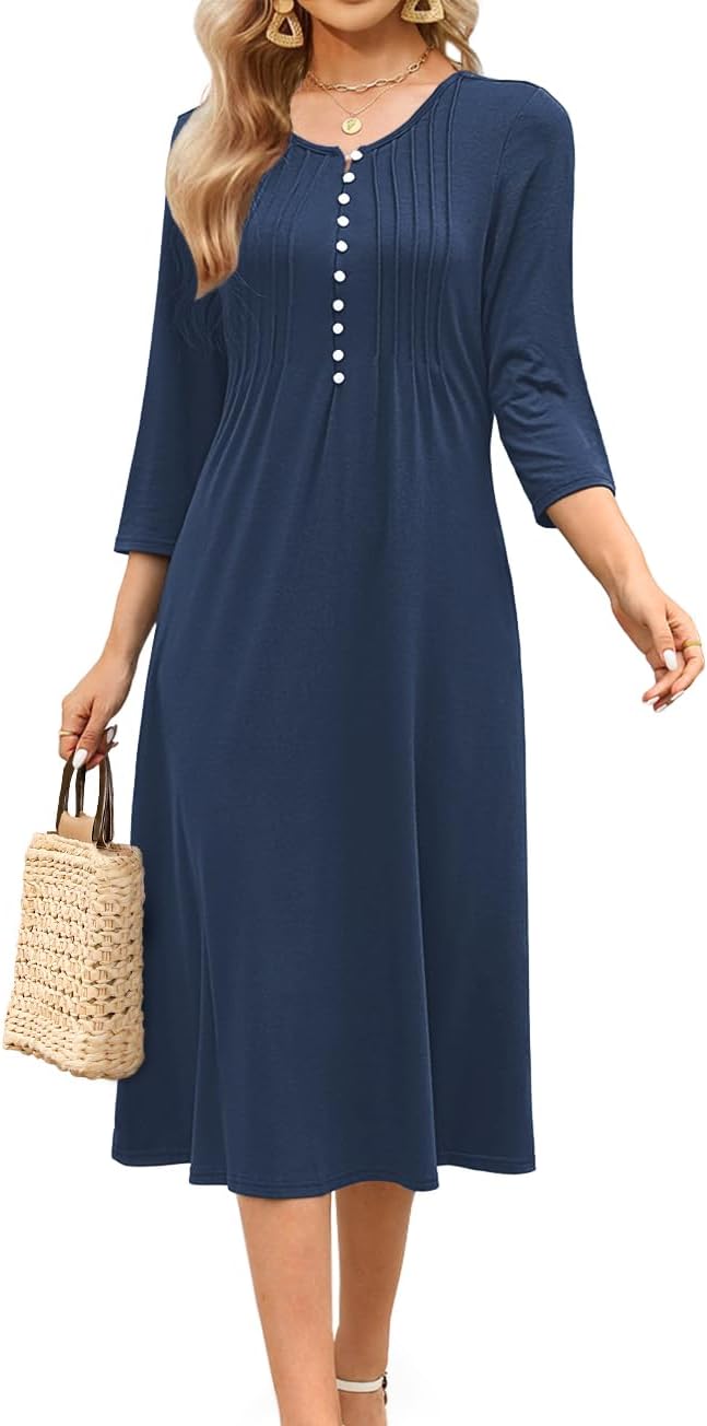 Soesdemo Long Sleeve Dress for Women Casual V Neck Pleated Button Down 3/4 Sleeves Knee Length Midi Dresses with Pockets