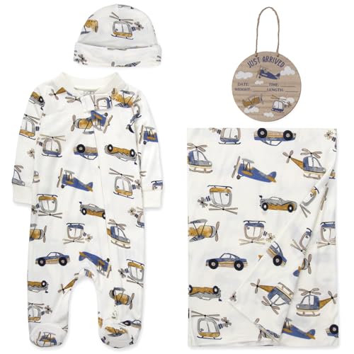 Image of Newborn Baby 4 Piece Coming Home Outfit Gift Set – Footie Sleeper, Blanket, Headband & Ornament for Boys & Girls