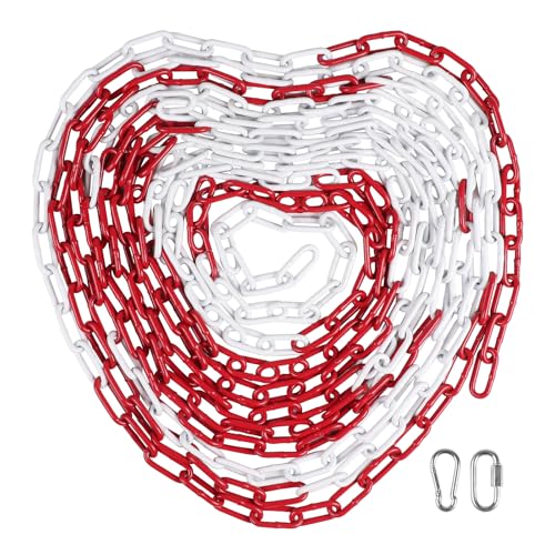 SWAWIS 10 m Barrier Chain Red and White Galvanised Steel, 5 mm Thick Safety Chain with Carabiners for Road Construction Garage