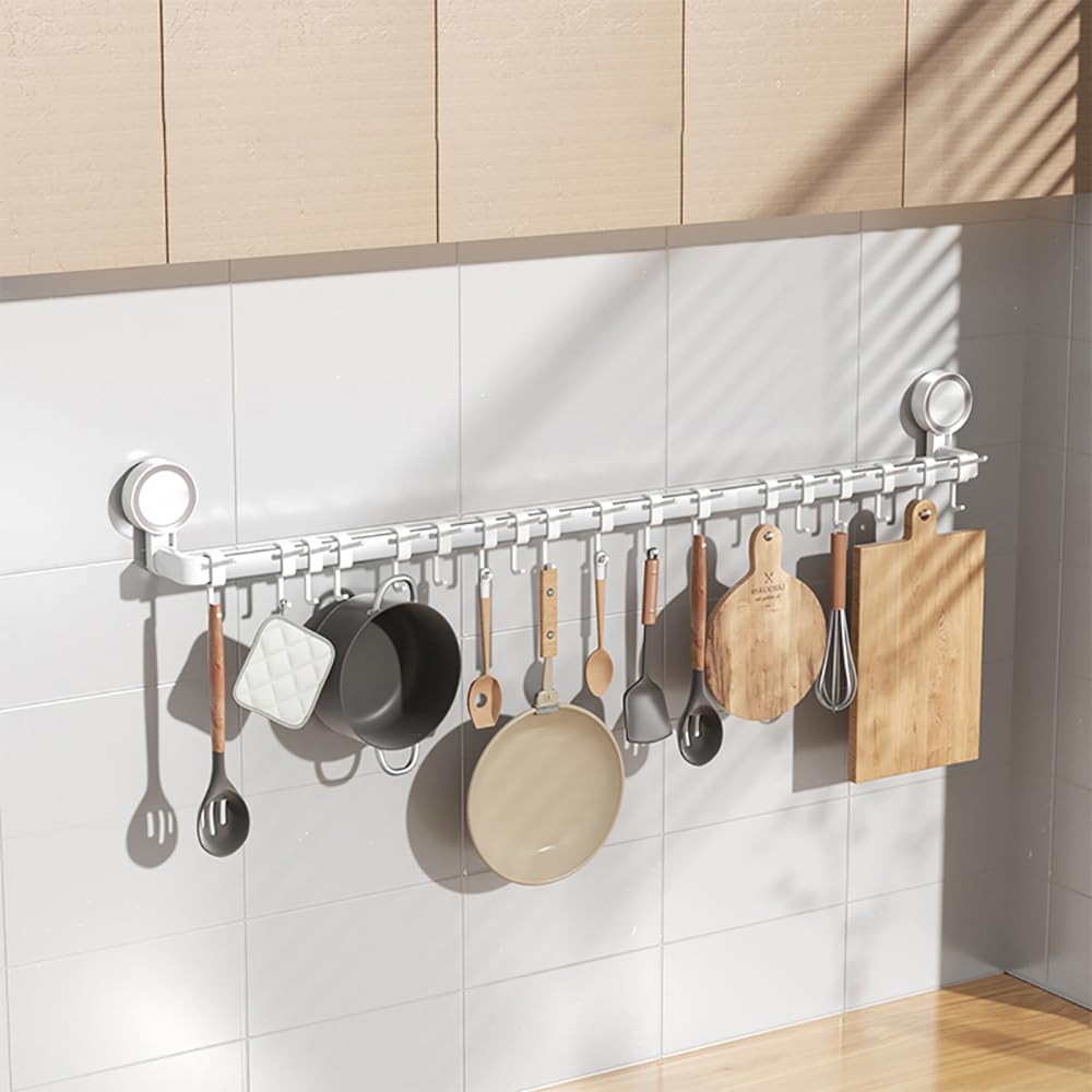 Xyagyund One Color Hanging Pot Rack, Kitchen Utensils Holder Suction Cup Wall Mounted Cooking Utensil Rack For Hanging Pots And Pans Storage Spatula Spoon Rail Hanger Organizers(With 18 Hooks 90Cm)