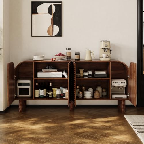 Image of 71 inch Curved Sideboard Cabinet with Storage, 4-Door Buffet Credenza, Walnut | Large wood credenza features four textured arched doors, roomy storage, and anti-tip hardware for dining rooms and entryways
