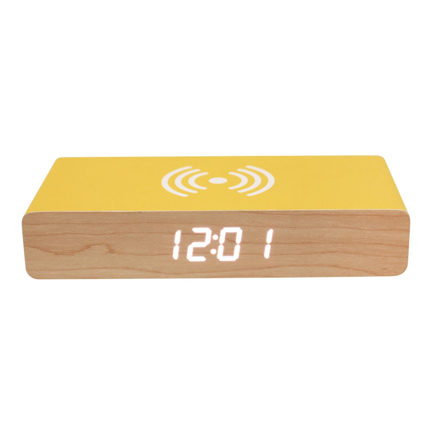 Réveil LED avec Station de Charge pour téléphone Portable Technologie Qi (Induction) avec façade en Bois Jaune