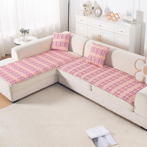 Image of HOKIPO L Shape (2+2 Seater) Sofa Cover Seat Mat | 300 GSM Cotton Acrylic Jacquard Fabric with Tassel, 'Trivana Series' Cherry Red (IN-934+935-J8)