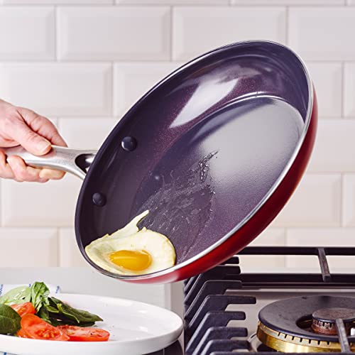 Image of Blue Diamond 12 inch Nonstick Frying Pan Skillet, Diamond Infused PFAS & PTFE-Free Ceramic Pot, Dishwasher & Oven Safe, Stay Cool Handle, Durable Non Toxic Metal Utensil Safe, Egg & Omelet Pan, Red