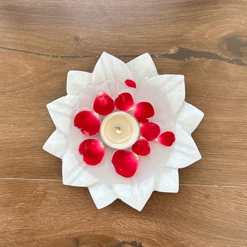 Image of Marble Urli Bowl for Decoration | Big Potpourri Decorative Bowls in Home decor | Large White Floating Flower Plates of Stone | Small Shape puja Item | (6 inch, Lotus Plate)
