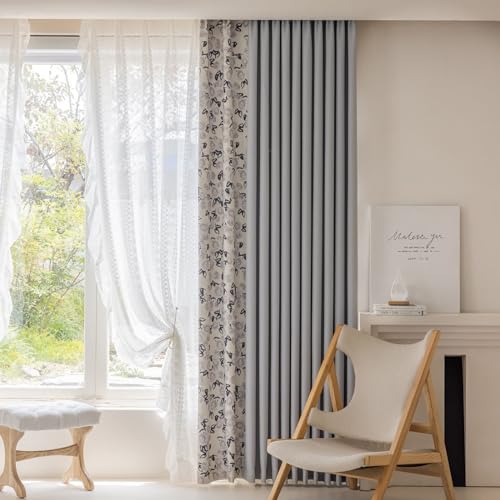 Lirzxin Chenille Blackout Curtain Eyelets 84 Inch Drop, Decorative Curtain for Living Room 2 Panels Splicing Color Rose Flowers Pattern Grey Blue Window Treatment Curtains, 38" W x 84" L - Image 3