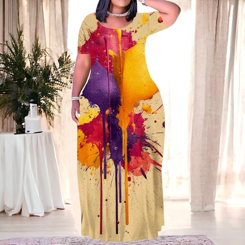 Image of PinkPatty Plus Size Dress for Women Casual Crew Neck Short Sleeve Maxi Dress Oversized Summer Beach Dresses with Pockets