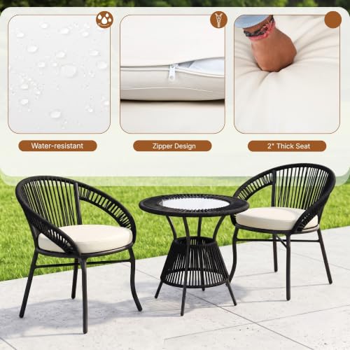 Image of DEVOKO Bliss 4 Seater Outdoor Patio Rope Conversation Set with Glass Top Table (Black /Off-White), Powder-Coated Metal Frame & Water-Resistant Cushions for Balcony, Garden, Terrace