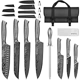 MOSFiATA Kitchen Knife Set, 12 Pcs Japanese Stainless Steel Knife Sets for Kitchen with Oxford cloth storage bag with Knife Sharpening Rod, Dishwasher Safe, For Outdoor(grey)