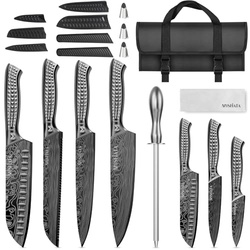 MOSFiATA Küchenmesser Set 12-Teilig Edelstahl Grau Outdoor mit Tasche, Scharfes Kochmesser Ensemble,Fingerschutz, Messerschwertüllen, Wetzstab, Oxford...