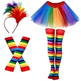 4 Costume Set Mardi Gras Gay Day Rainbow Women Over Knee Socks Arm Warmer Stretchy Gloves Headwear Headband Tulle Tutu Skirt (Rainbow)