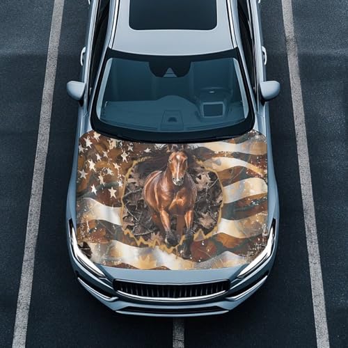 Image of Car Hood Cover Horse American Flag Car Hood Wraps Auto Banner Stretchable Auto Decorative Accessories for Compact Sedans SUV Trucks (59x39 Inch)