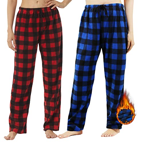 YUSHOW 2 Piezas Pantalon Pijama Mujer Largo Felpa a Cuadros Invierno Ropa de Dormir Pantalones Suaves Salón Ocio con y Cordón,Cuadros Rojos + Cuadros Azules (Paquete de 2),S