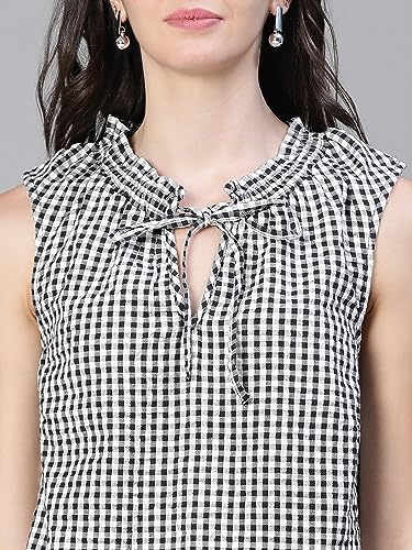 Image of oxolloxo Women Check Print Sleevless Tie Neck Cotton Top