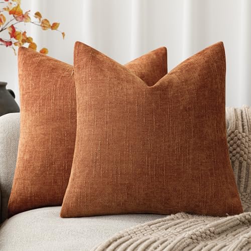 Image of Foindtower Pack of 2 Soft Textured Chenille Throw Decorative Pillow Covers Square Accent Solid Cushion Cover Cozy Neutral Farmhouse Pillow Case for Couch Sofa Bedroom Living Room 26x26 Inch,Orange