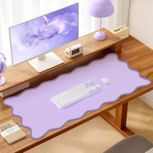 Image of Leather Desk Mat, XXL Large 31.4x15.7in Scalloped Gaming Mouse pad，Non-Slip Rubber Base Keyboard Pad Mousepad for Laptop Computer Game Home Office，Waterproof and Oilproof Desktop Mat I Purple