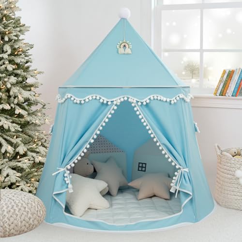 LIONHERZ® DAS ORIGINAL Spielzelt für Kinder, atmungsaktiv aus Baumwolle&Hanf | Prinzenschloss mit Fiberglasstangen, Tasche, Matte und Deko | stabiles Tipi Jungen Indoor (Himmelblau, mit Zubehör)