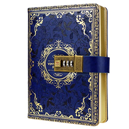 Mazeran Combination Lock Journal, Vintage Elegant Leather Hard Cover Floral Embossed Notebook Diary