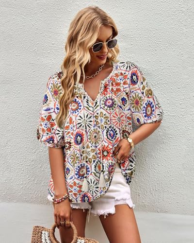 Vivilli Womens Summer Boho Tops Casual V Neck Short Sleeve Blouses Floral Print Shirt Tie Front Flowy Vacation Clothes4