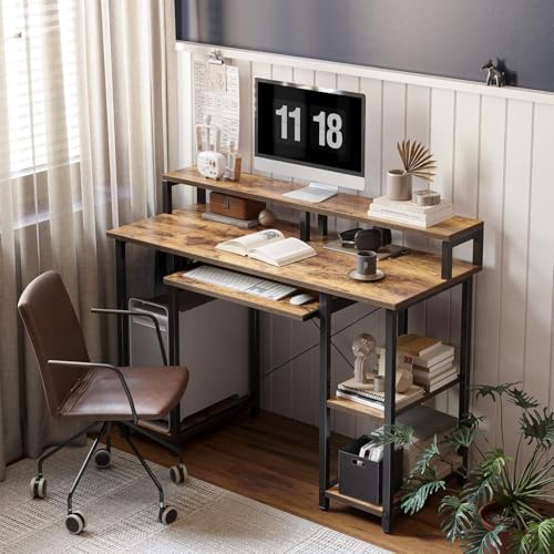 Image of Un-Desk Computer Table for Home Office and Study Table with 3 Shelf Workstation Desk for Desktop Pc Laptop and Gaming with Keyboard Tray Reversible Shelf Left and Right 150 CM Forest Dark