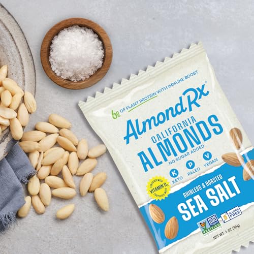 Image of AlmondRx | Heart Healthy Skinless Lightly Salted California Almond Snack Packs | Fortified with Vitamin D | Plant Protein | Keto | Vegan | No Sugar Added (6 Pack, Sea Salt)