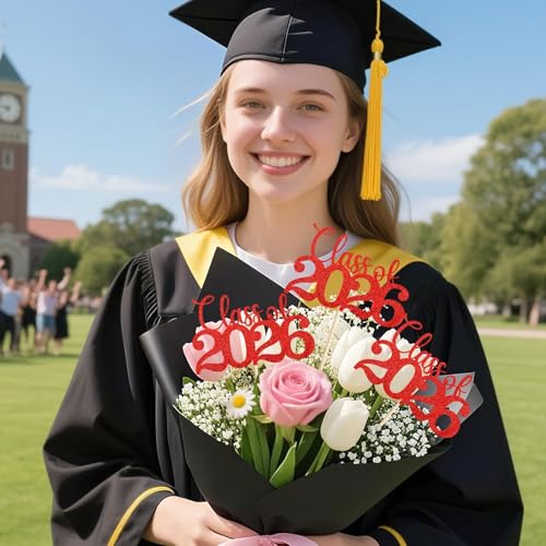 Image of Class of 2026 Decorations - 20 Pcs Red Graduation Centerpieces for Tables, Double-Sided Red Graduation Decorations 2026 with Grad Centerpiece Sticks