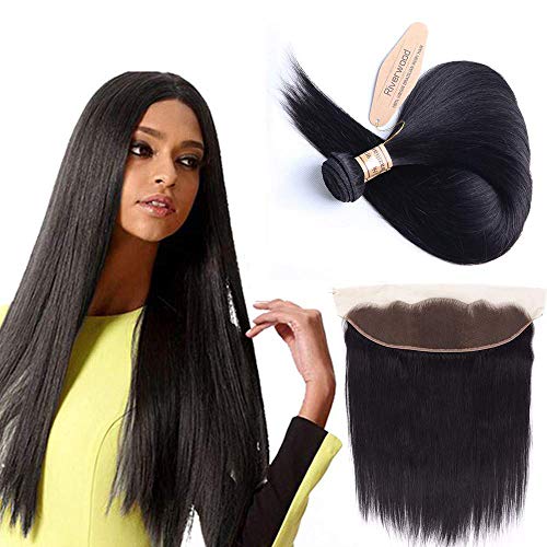Malaysian Straight Virgin Hair 3 Bundles with Frontal and 100% Unprocessed Virgin Hair Bundles with Ear To Ear 13x4 Lace Frontal Hair Weave Extensions 14 16 18 With 12inch